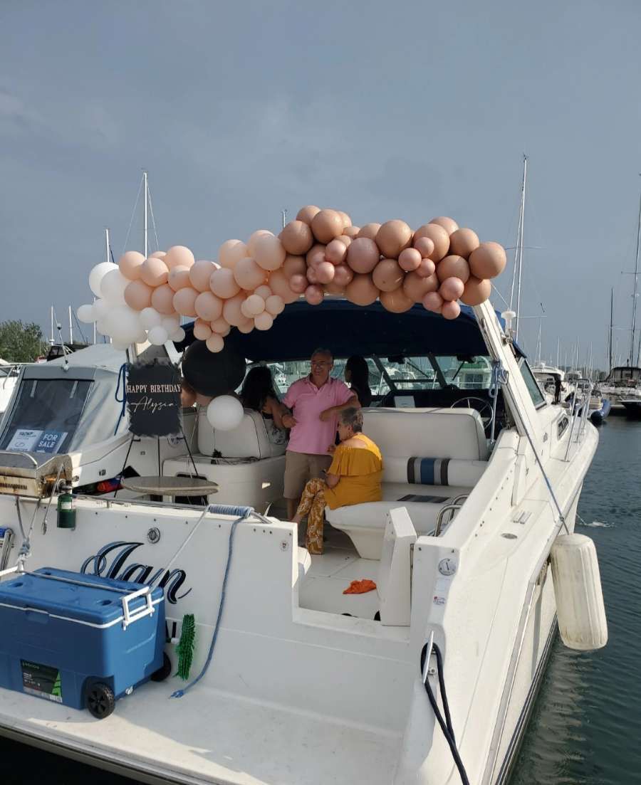 Cockpit of the 40ft Sea-Ray Express set up for a birthday celebration