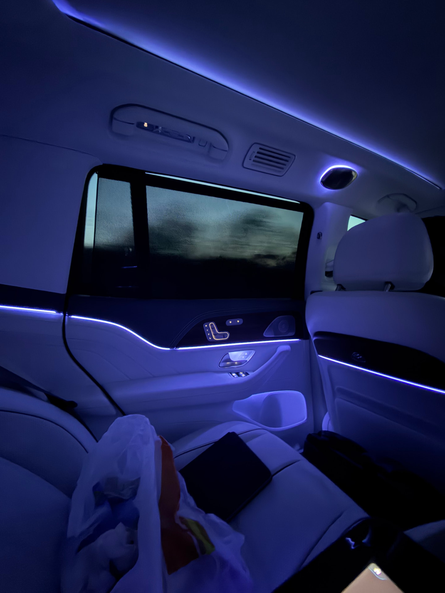 Maybach GLS600 rear cabin at night with blue ambient lighting