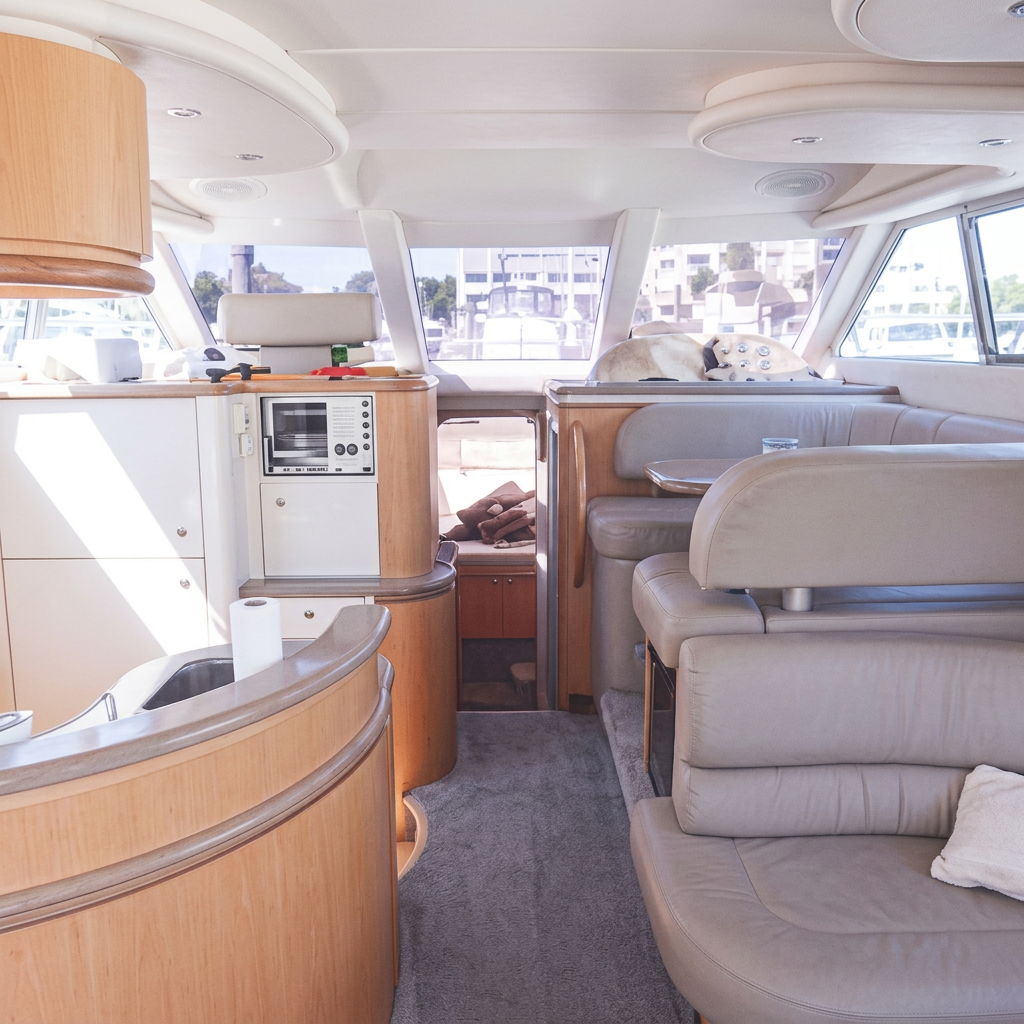 Galley and lounge area aboard the 44ft Maxum yacht
