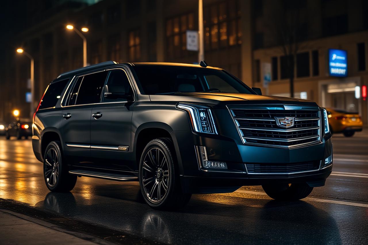 Black Cadillac Escalade luxury chauffeur SUV at night in Toronto