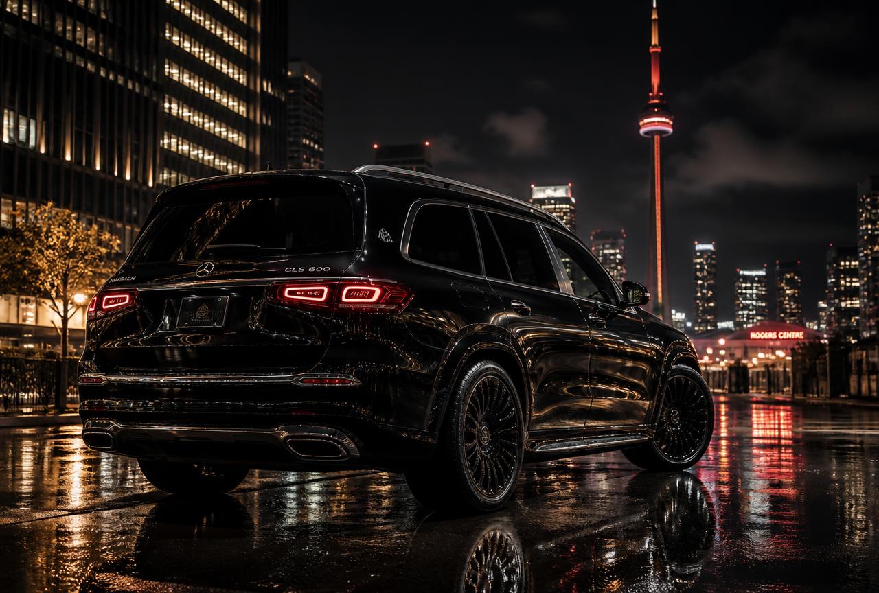 Black Mercedes-Maybach GLS600 luxury SUV at night in Toronto