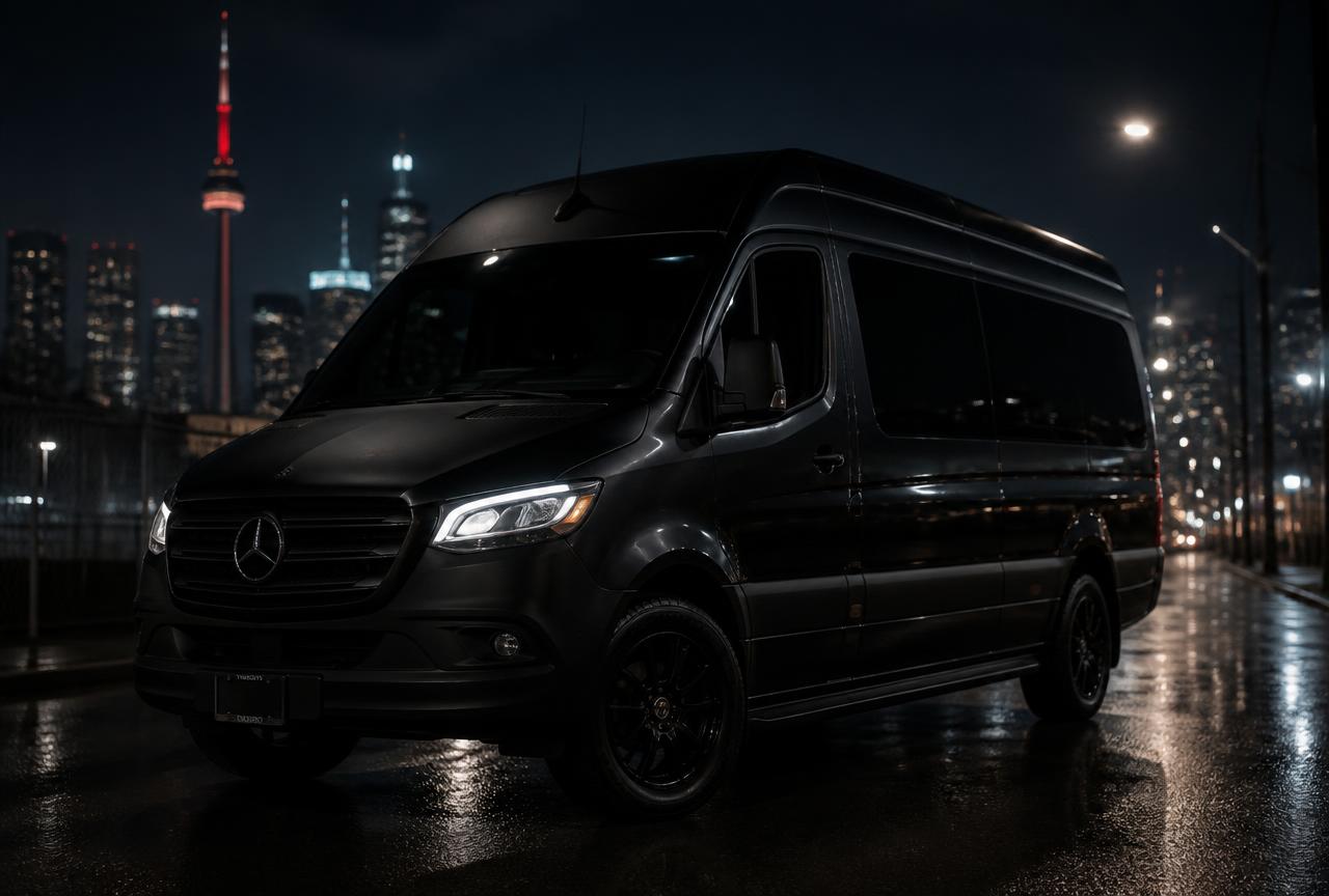 Black Mercedes-Benz Sprinter luxury executive van at night in Toronto