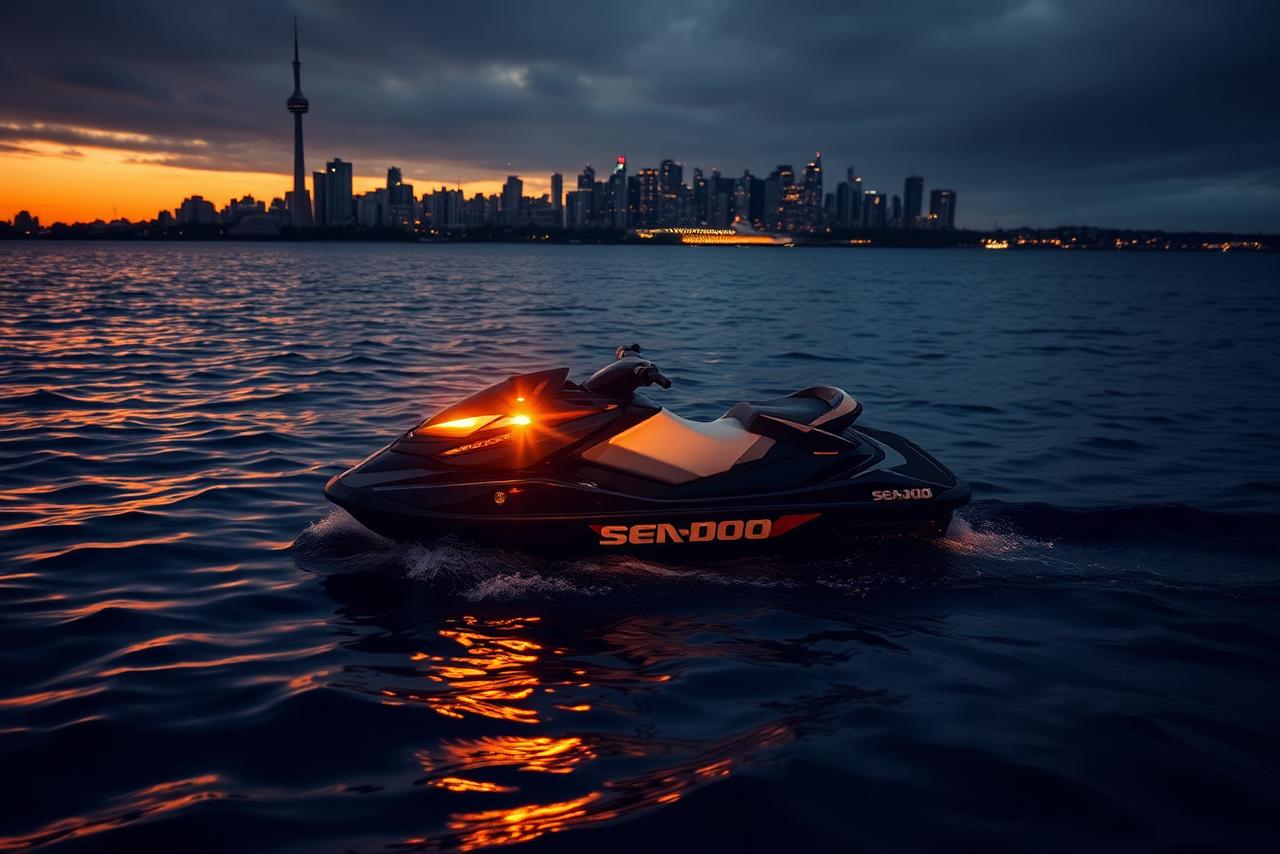Sea-Doo jet ski on Lake Ontario with the Toronto skyline at sunset